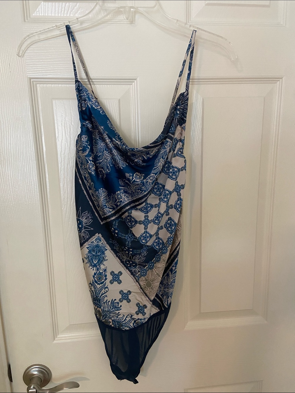 Free People NWT Indigo Combo Scarf-Print Navy & White bodysuit